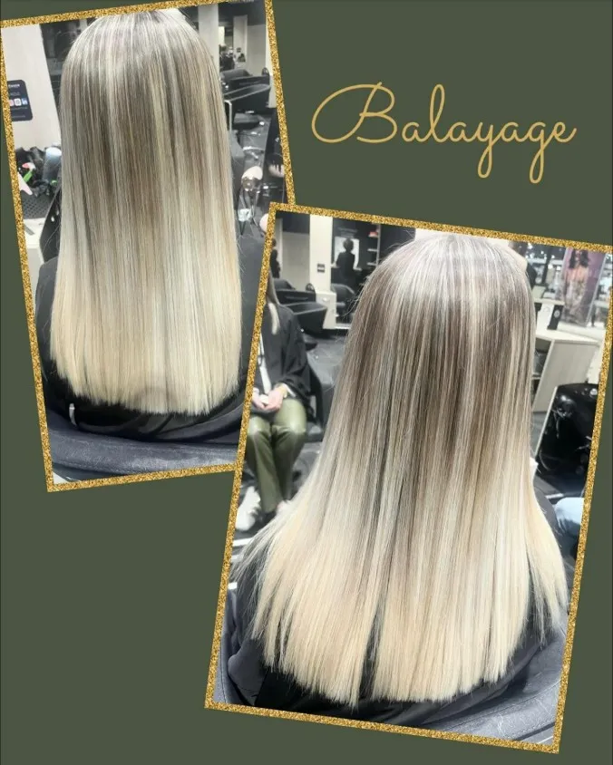 Balayage platine avant-après par Charline — cheveux longs blonds