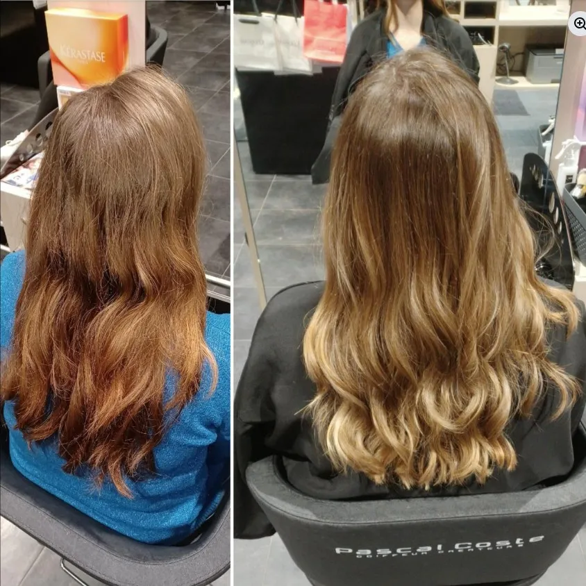 Balayage avant-après par Clara — cheveux longs, teintes chaudes dorées