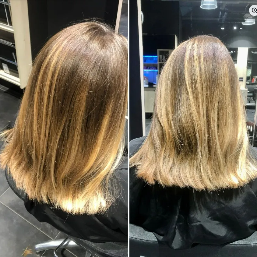 Ombré blond avant-après par Laurie — mi-longueur, dégradé naturel